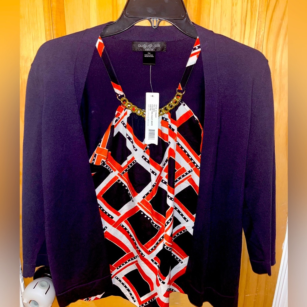 NWT career top- tank built into 3/4 sleeve navy blue cardigan. PM size